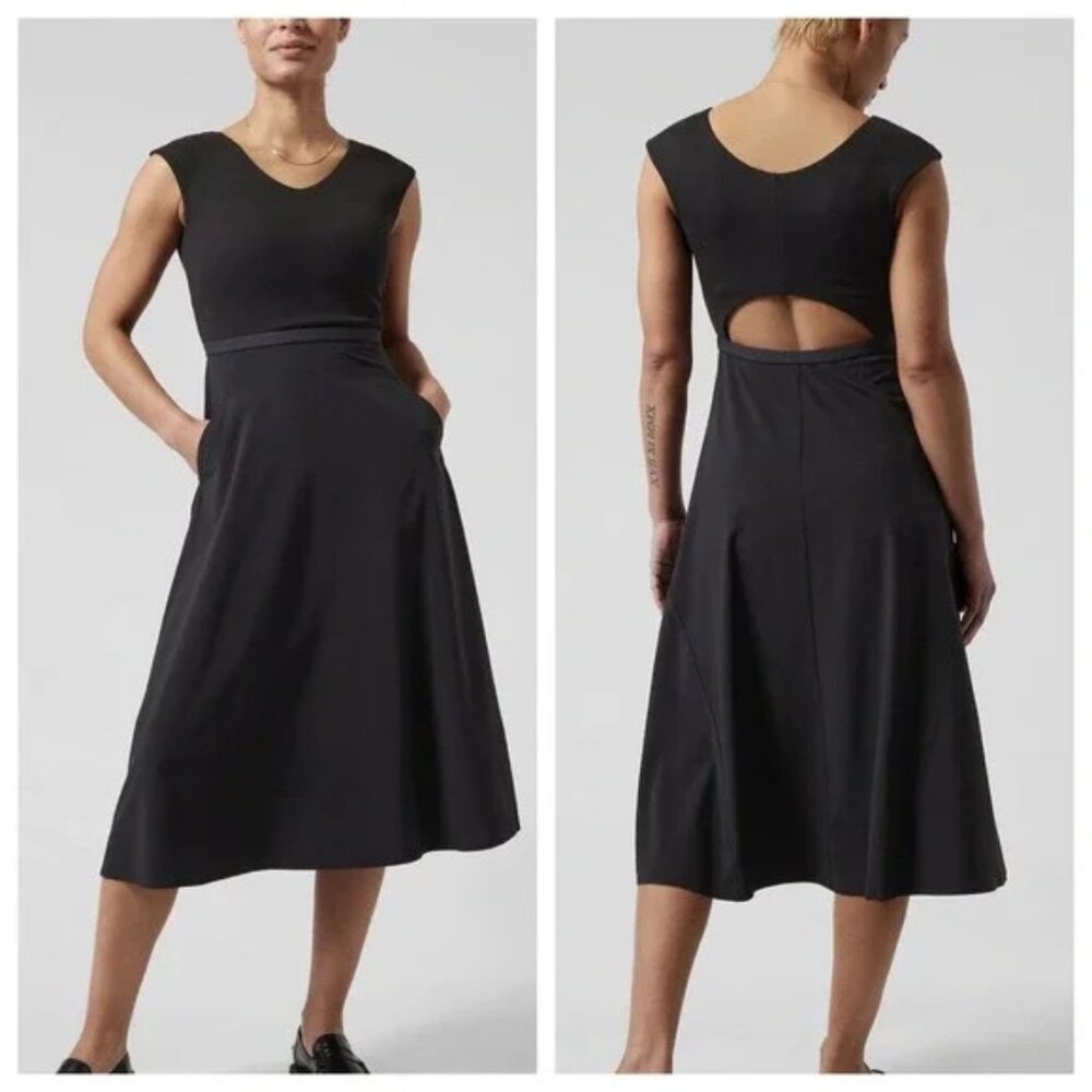 Athleta Women 1X Ryder Dress Fit & Flare Black Cap Sleeve Cutout Midi Length NEW